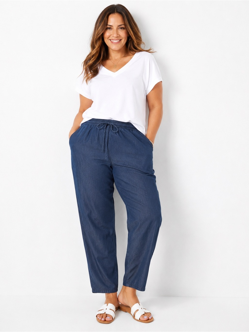 Jessica London 16W Tencel Lyocell Pants Blue Denim Look Pull On Drawstring Soft